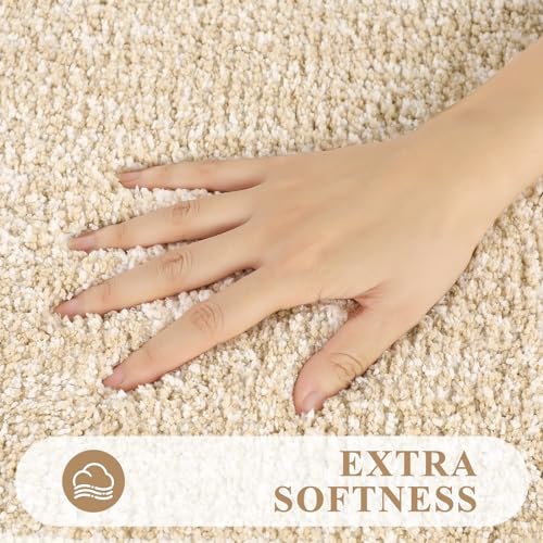 Pauwer 3 Pieces Bathroom Rugs Sets, Microfiber Shaggy Bath Mat Set, Ultra Soft Non-Slip Rug with U Shaped Toilet for Bathroom, Tub, Shower Washable Carpets Set,Beige