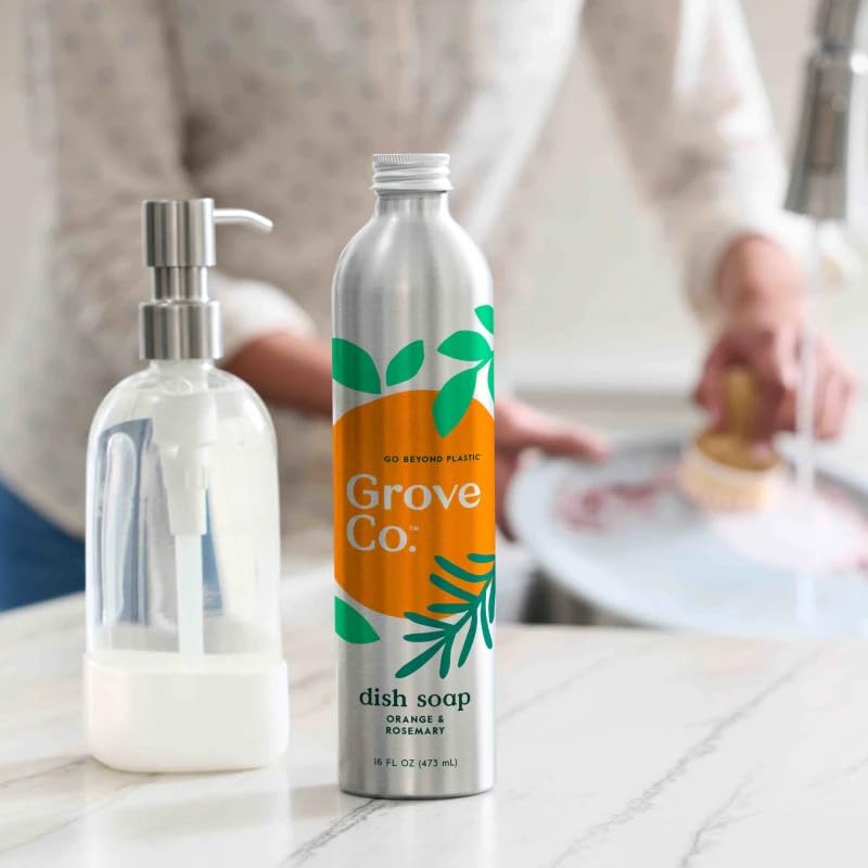 Image of Grove Co. Ultimate Dish Soap Refills (16 Fl Oz) Removes 48-hr Stuck-on Food and Grease,Plastic Free Cleaning Products,100% Natural Orange & Rosemary Fragrance