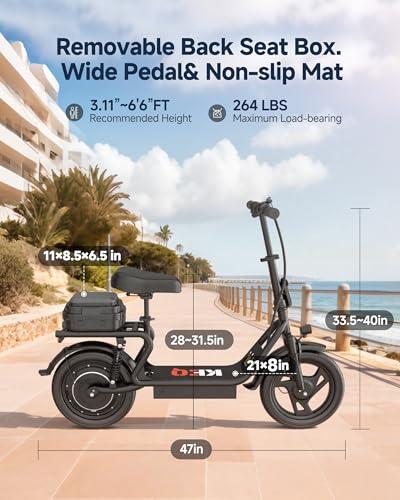 Image of KEQ Electric Scooter Adults with Seat, 48V 22.5AH Foldable Escooter 14 inch Tires 500W Motor 22MPH 35Miles Long Range and Disc Brake 350lbs Max Load Dual Shock Suspension Wide Deck Rear Box