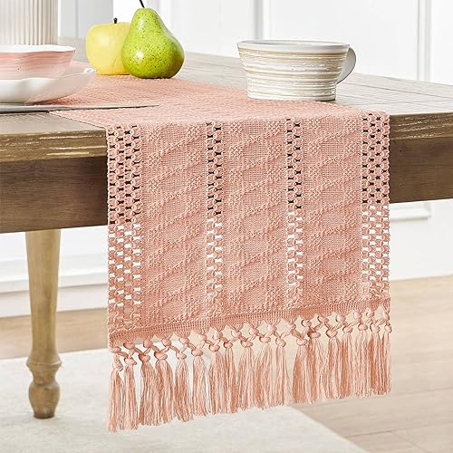 Image of ZeeMart Macrame Style Boho Table Runner, Pink Table Runners 90 Inches Long, Farmhouse Woven Home Decor, 12x90 Inch, Rose Pink