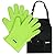FERS BBQ Cooking Silicone Gloves Mitts & Apron Set | Barbecue Grill Gloves with Nifty Black Apron - Multiple Pockets & Adjustable Straps (Green)