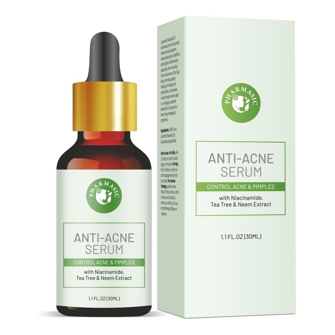 Pharmasic Anti Acne Face Serum | 70% Niacinamide Infused With Neem, Ginger, Tulsi & Tea Tree Oil | For Acne Prone Skin | Acne Treatment Serum | For Oily Skin & Dry Skin | For Women & Men - 30ml