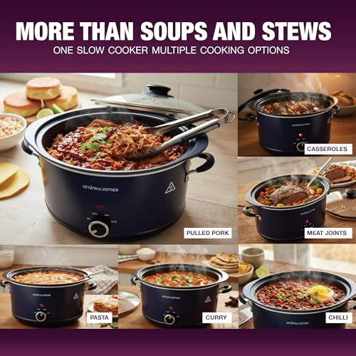 Image of Andrew James 3.5L Slow Cooker - Sear-to-Simmer - Large Hob-Proof Aluminium Pot, Shatter-Resistant & Easy-Clean Design 3 Heat Settings & Glass Lid, Ideal for Family Meals (Midnight Blue)