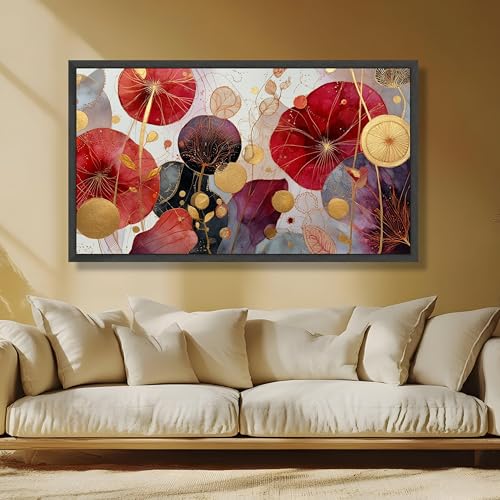 Décoration murale nature fleurs rouges violettes : tableau abstrait sur toile 40x80 cm - 3