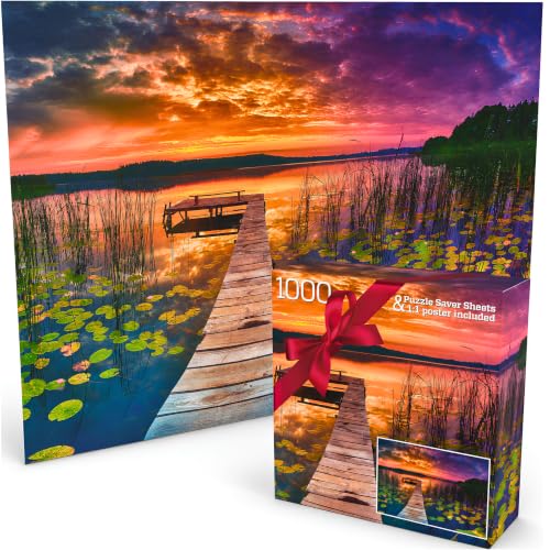 GERJATO Puzzles for Adults 1000 Pieces - Real-Photo Lake Sunset Jigsaw Puzzle with Matte Finish, Letters on Back, Full-Size Poster, 8 Saver Sheets & Gift-Ready Box