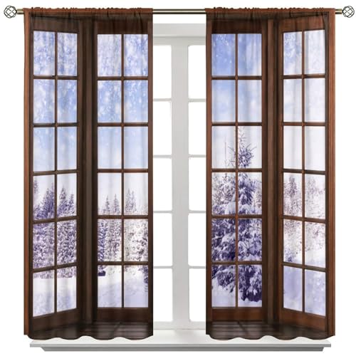 SHElifestyle Winter Wonderland Curtains for Bedroom Snowy Forest Landscape Window Treatments Christmas Pine Trees Window Drapes for Living Room Kitchen W42xL45