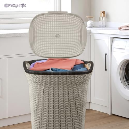 Image of PrettyKrafts 60 L Plastic Laundry Basket with Lid | Large Clothes & Toy Storage Bin 61x45x35 cm | Durable Ventilated Knit Design | Easy-Grip Handles | Ideal for Home & Kids Room Organiser