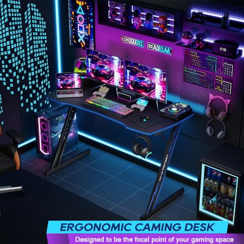 Image of BestOffice Gaming Desk Z Shaped 47 inch PC Computer Desk Computer Workstation Ergonomic Gaming Table with Headphone Hook for Game Players, Black&Blue