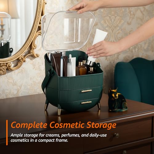 Image of Amazon Basics Glossy HIPS+PS Cosmetic Storage Organizer | 28.6 x 18.5 x 37 cm | 3 Compartments | Waterproof & Dustproof Lid | Green