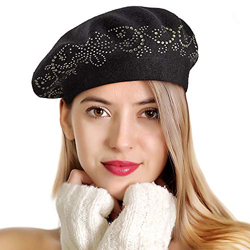 LADYBRO Barre Hat Wool Beret Hats for Women Rhinestone Womens Hats and Caps Winter Black