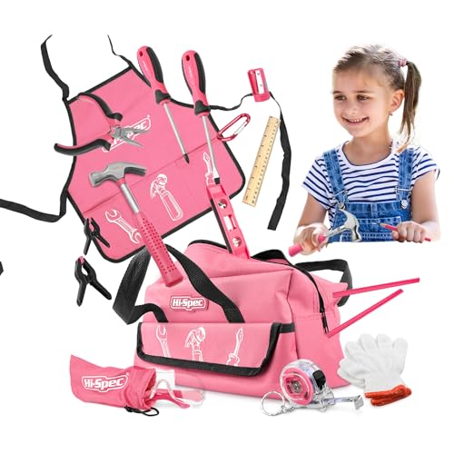 Hi-Spec Kinderwerkzeug in Pink-Rosa für Mädchen.Echtes Werkzeug in Kindergröße: Hammer, Schraubenzieher, Schutzbrille, Wasserwaage und mehr in Einer pinken Werkzeugtasche mit Raum für mehr.