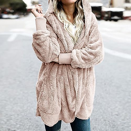 Women Oversized Hooded Sherpa Cardigan Fuzzy Fleece Jacket Winter Open Front Fleece Coat Outwear with Pockets2