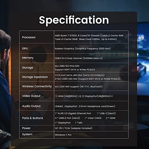 MINISFORUM EliteMini B550 Mini PC Windows 11 Pro AMD Ryzen 7 5700G 8 Cores 32 GB RAM 512 GB PCIe SSD, ondersteuning 1X 2… - Afbeelding 3