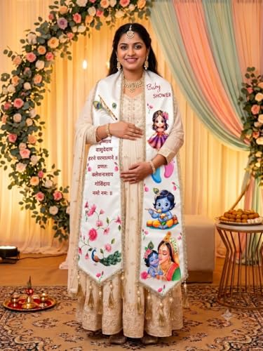 Image of Mom to Be Baby Shower Dupatta for Godh Bharai and baby shower Stoles with Bal Krishna Print, Ceremonial Festive Seemantham Functions FREE Shreenathji Brooch Pin for Dad to Be