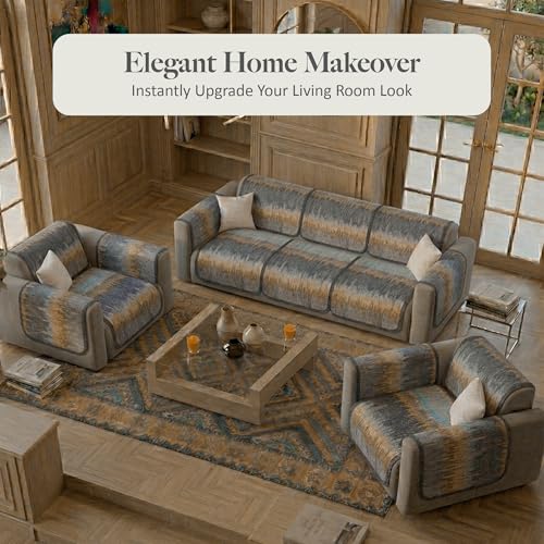 Image of Kuber Industries 5 Seater Sofa with Arm Cover | Slipcover for Living Room | Thick & Cozy | Non-Slip Comfort Sofa Cover Set | Paradise 1437 - Grey & Brown