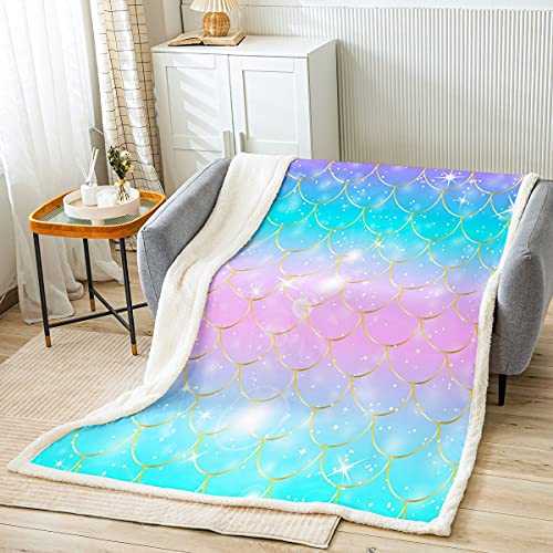 Mermaid Scales Fleece Throw Blanket Colorful Fish Scales Decor Sherpa Blanket for Kids Boys Girls Marine Life Ocean Themed Fuzzy Blanket for Sofa Bed Couch Teal Blue Pink,Twin 60x80 Inches