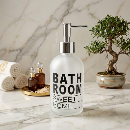 Image of Luxe Home International Bathroom Sweet Home Print Glass Soap Dispenser for Bathroom and Kitchen Sink Leak Proof Liquid Hand Wash Round Bottle Lightweight Smooth Finish (19.5x7.5 cm White) Pack of 1