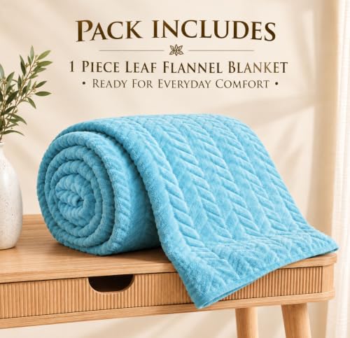 Image of SANMARINO Premium 300 GSM Single Bed Flannel Blanket | Ultra Soft Leaf Emboss Plush Blanket | All Season Lightweight & Cozy | AC Blanket for Bed, Sofa, Couch, Travel & Camping | 152x228 cm,Aqua