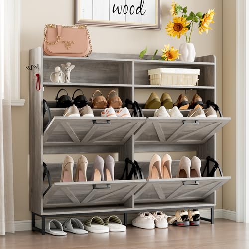 Image of BORNOON Shoe Cabinet with 4 Flip Drawers Narrow Shoe Storage Cabinet Organizer Wooden Freestanding Shoe Rack Hidden Slim Shoes Storage Cabinet for Entryway, Hallway, Living Room, Bedroom