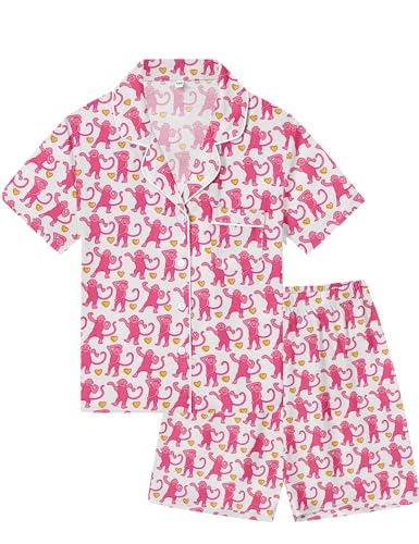 SWOMOG Kids Button Down Pajamas Sets Girls Boys 2 Pcs Cute Pattern Printed Pjs Short Sleeve Sleepwear Soft Nightwear 4T-15Y