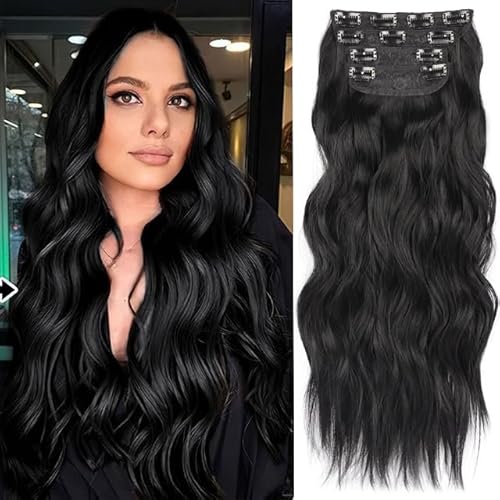 Synthetic Jet Black Hair Extensions clip in Long Wavy Hair Extension 24 Inch Black Long Clip In Hair Extensions Double Weft Hairpieces Full Head For Women (24INCH, 1B)
