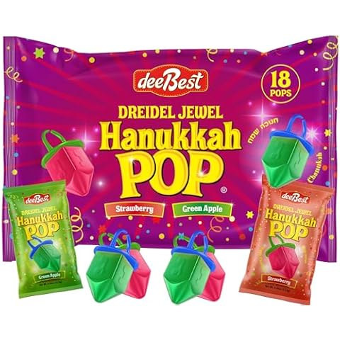 Hanukkah Dreidels Jewel Pop Ring Shape Candy - Assorted Green Apple and Strawberry Flavors 18 Count Individually Wrapped Dreidel - Hanukah Decorations Kosher Candy Party Favor For Kids Cover