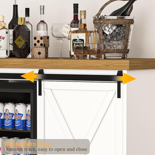 Image of 49.2 inch Coffee Bar Cabinet with Mini Fridge Space, Farmhouse Wine Bar Cabinet with Barn Doors, Fridge Cabinet with Power Outlet, Wine Rack, Glass Holder for Kitchen Dining Room Living Room (White)