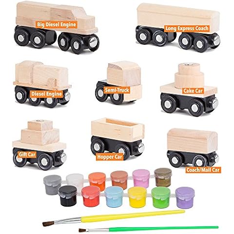 Orbrium 8 Unpainted Train Cars with 12 Colors Paint and Paint Brushes Set for Wooden Railway Compatible with Thomas, Chuggington, Brio, for Birthday Party Train Theme Cover