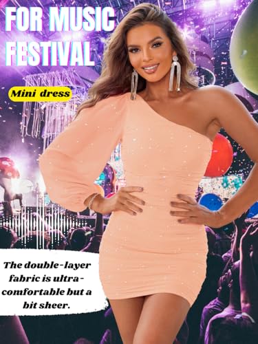 Image of ShawGobow Sparkly Outfits for Women,One Shoulder Ruched Bodycon Short Prom Dress,Sexy Dresses Cocktail Homecoming Nye