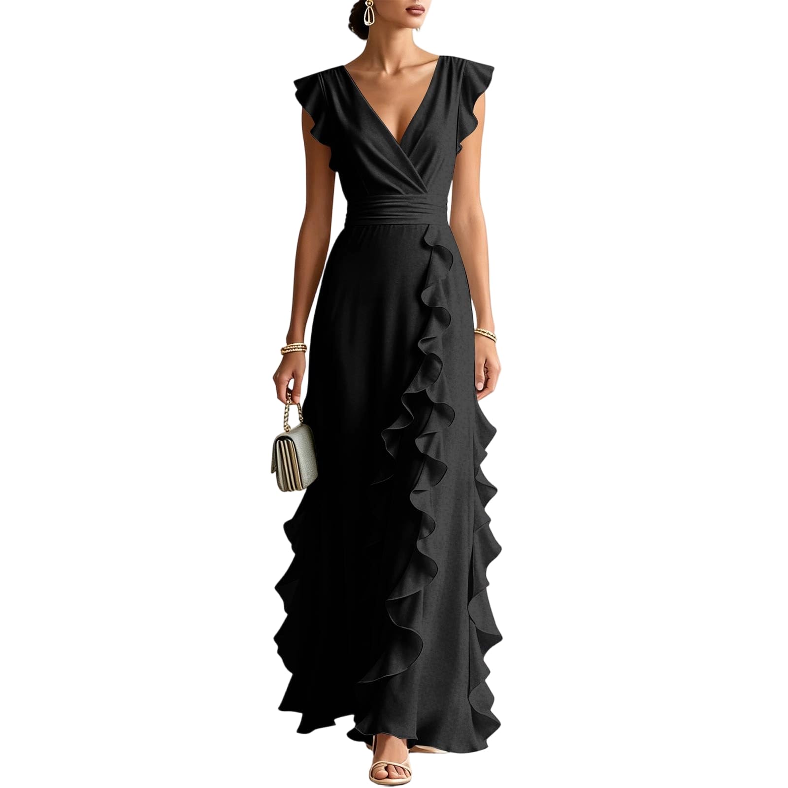 Kleid Hochzeitsgast Damen Chiffon Lang A Linie Abendkleider Elegant Für Hochzeit Festliche Kleider Tailliert V Ausschnitt Sommerkleider Frauen Leicht Und Luftig Sommerkleid Rüschen Ballkleid
