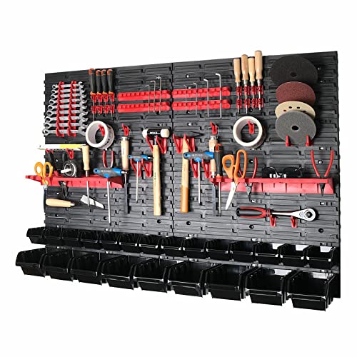 69-tlg. Werkzeugwand Set 1152x780 mm Werkstattwand Wandregal mit Werkzeughaltern 23 Stapelboxen für Werkstatt Garage Kunststoff Schwarz Cover