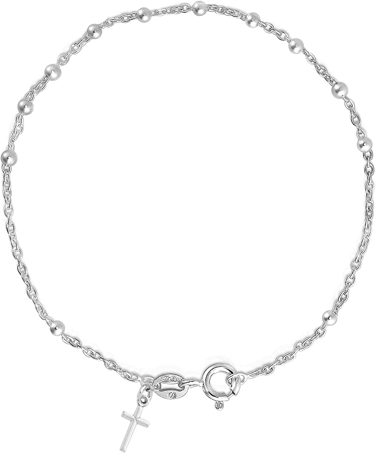 Savlano 925 Sterling Silver Italian Rosary Solid Bead Chain Cross Pendant 7 Inches Bracelet Comes With Gift Box for Women - Made in Italy
