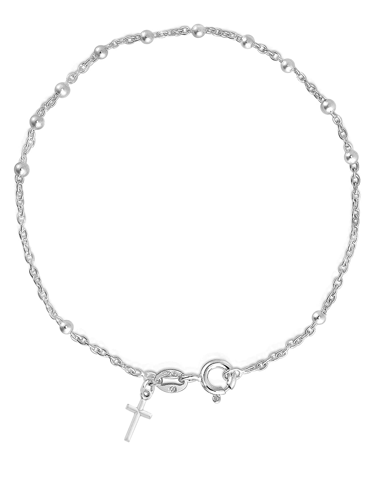 SavlanoSavlano 925 Sterling Silver Italian Rosary Solid Bead Chain Cross Pendant 7 Inches Bracelet Comes With Gift Box for Women - Made in Italy