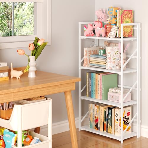 Image of JSB No Assembly Folding Bookshelf, 4 Tier Industrial Metal Book Shelf for Storage, Vintage Wood Foldable Bookcase for Living Room, Bedroom, Office Organization Shelves