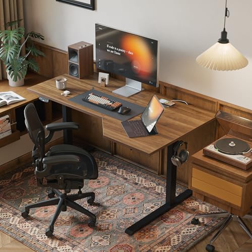 Image of Agilestic Electric Standing Desk, Height Adjustable Desk, 63 x 35 Inch Sit Stand up for Work Office Home, L Shaped Ergonomic Rising Computer Table with Memory Preset, Dark Walnut