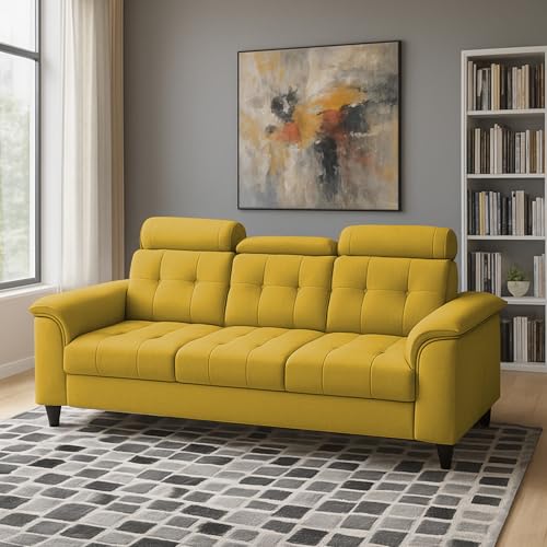Image of Casaliving Ella 3 Seater Sofa Set for Living Room (Yellow Colour Fabric) Premium Fabric Sofa