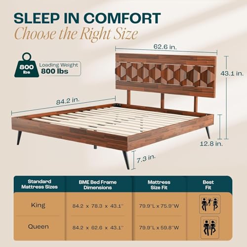 Image of Bme Georgina Queen Bed Frame and Headboard, Signature Handcrafted Geometric Design, US Patent Pending Design, Solid Wood, No Box Spring Needed, 12 Strong Wood Slats Support, Easy Assembly, Dark Choco