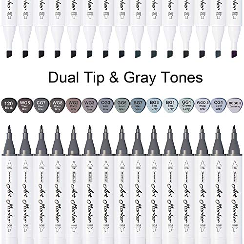 Shuttle Art 15 Colors Grey Tones Dual Tip Art Marker, Permanent Marker Pens Double Ended With Fine Bullet And Chisel Point Tips Perfect For Drawing,Shading,Sketching,Designing,Outlining,Illustrating #TOP1