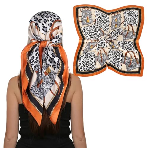 EXTREE Women's 35 inch Fashion Headscarf Silk Satin Scarf for Hair Wrapping at Night Bandana Square Scarf for Sleeping Leopard