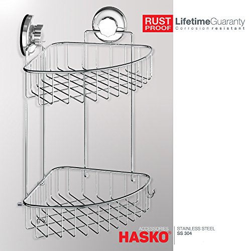 HASKO accessories - Suction Cup Corner Shower Caddy | 304 Stainless Steel Polished Chrome Shelf 2 Tier Basket Holder for Bathroom and kitchen