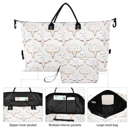 VIGTRO Travel Duffel Bag Weekender Overnight Bag with Toiletry Bag Western Bull Printed, Carry On Luggage Bag Cowboy for Hospital Gym Travel Business, 2 Pcs Set2
