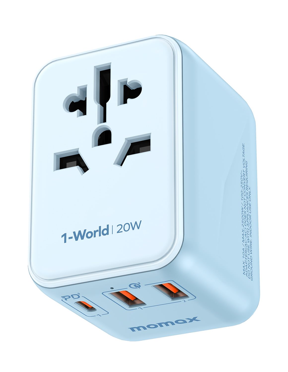 MOMAXUniversal Travel Adapter, 20W GaN Fast International Power Adapter, 2 USB A & 1 USB C, Worldwide Travel Plug Adapter, International Power Adapter for Europe, USA, Japan, Australia (Type C/A/G/I)