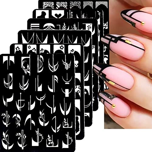 6Pcs Nail Art Stamping Templates Set With French Line Flowers Leaves Smiley Heart Design Art Stamping Kits Diy Printing Tools Fashion Art Decoration For Women And Girls #TOP11