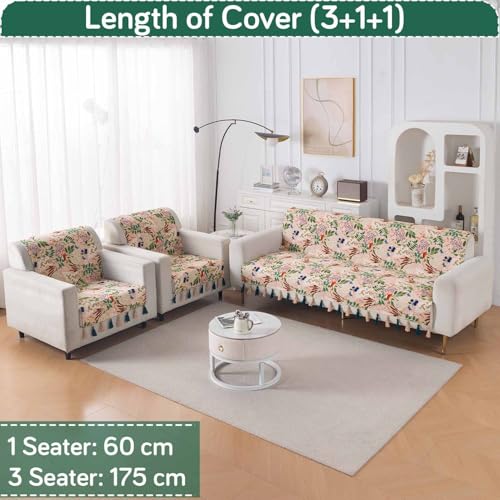 Image of HOKIPO 5 Seater Sofa Cover with Tassel in 3+1+1 Configuration | Full Protection for Seat and Back | Printed Holland Velvet | 'Whispers of Nature' | Beige Woodland Bloom (IN-1127+1125-D4*2)
