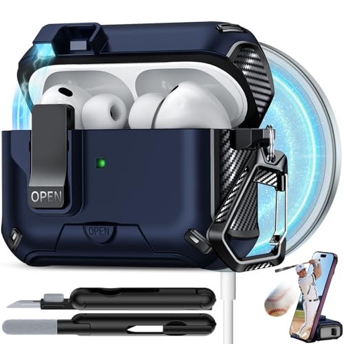 Image of for AirPods Pro 3 Case with Lock (Blue) | Compatible with MagSafe,with Phone Stand,with Automatic Snap Switch Carbon Fiber Design Protection Cover with Cleaning Pen