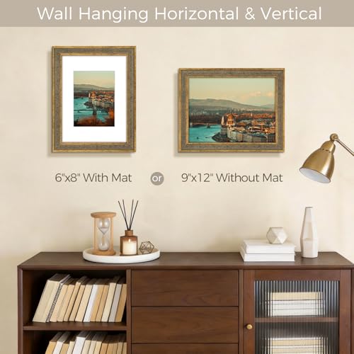 Image of Golden State Art, 9X12 Photo Frame with White Mat for 6X8 Pictures & Real Glass, 1.25-Inch Wide, Distressed Gold