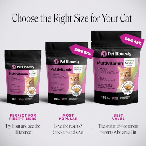 Image of Cat Multivitamin Crunchy Creamy Chews - Daily Vitamins with Lysine, Prebiotics, Omega 3 Fish Oil - Cat Treats for Immune Support, Skin Coat, Digestion, Heart + Joint Health (180 Day Supply)