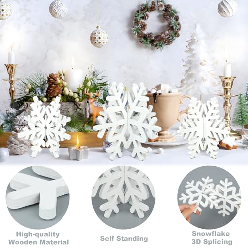 16 Pcs Christmas Snowflake Wooden Decor Winter 3D Snowflake Tabletop Sign Christmas Tiered Tray Decorations White Snowflake Wood Blocks Centerpiece for Xmas Wonderland Party Home Table Decor - Image 4
