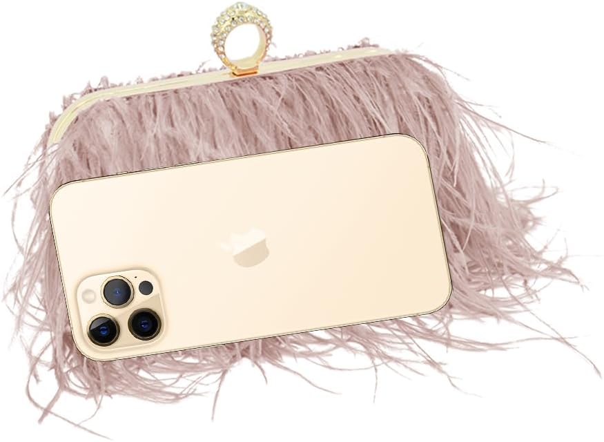 Women Ostrich Feather Purse Ostrich Tote Bag Fluffy Feather Purse Fringe Clutch Evening Handbag for Party Prom Champagne - Image 7