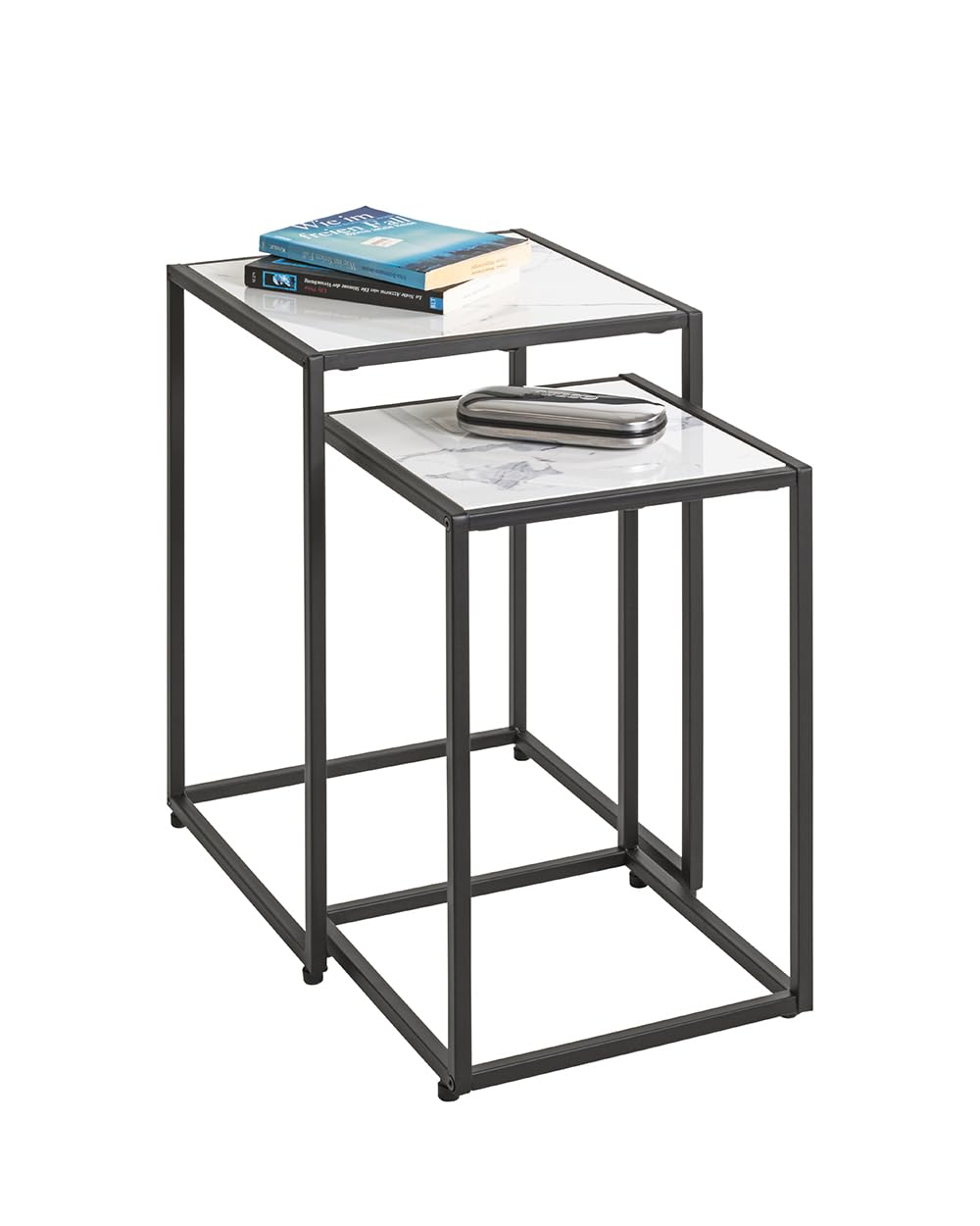HAKU Set di 2 tavolini nero bianco finto marmo metallo tavolino da salotto - Dimensioni: L 28/33 x A 43/50 x P 28/33 cm Stile: Art Déco